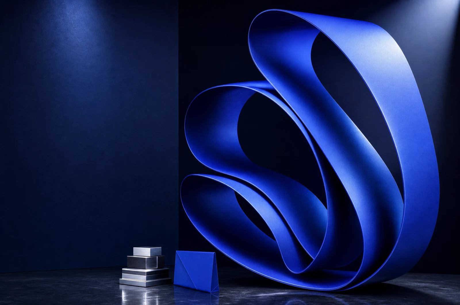 Cobalt ribbon sculpture expressing the Dreampixels visual identity